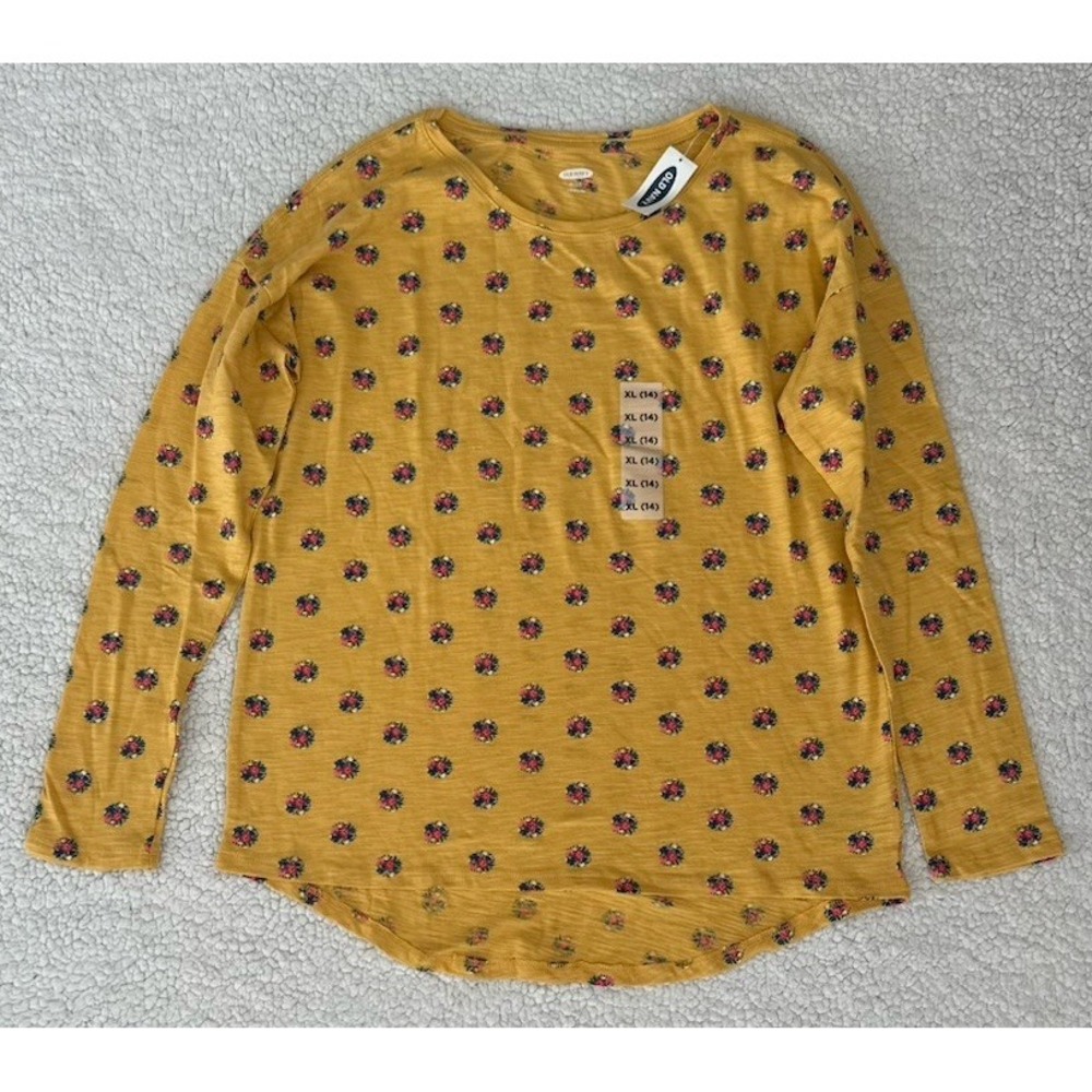 NEW Girls Long Sleeve Shirt Yellow w/ Floral Print XL (14) Cottagecore Flowers